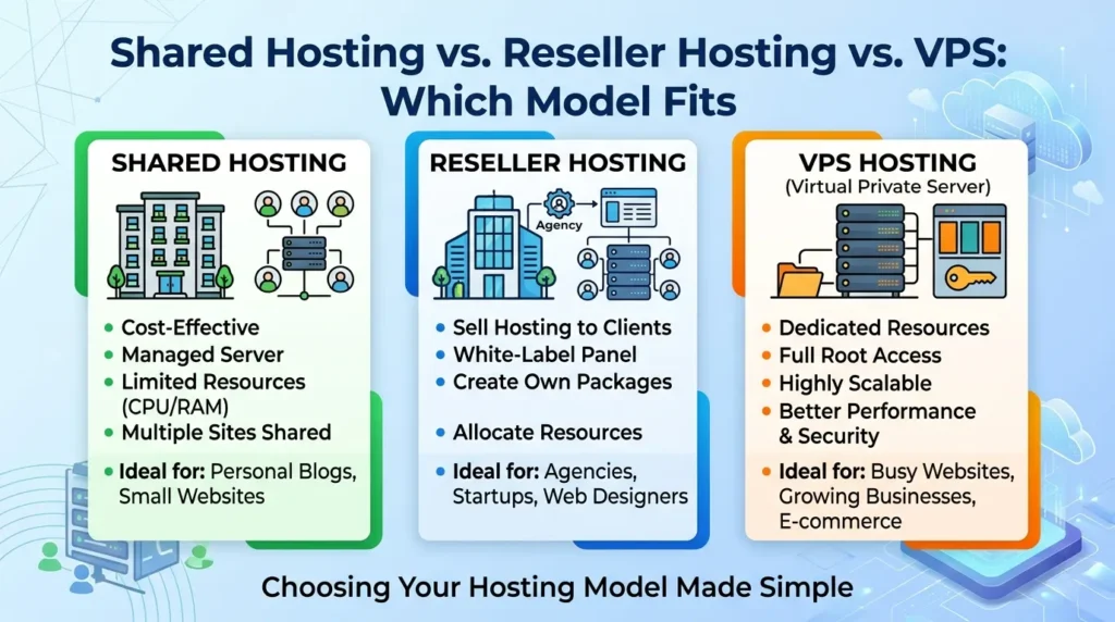 Shared Hosting vs. Reseller Hosting vs. VPS: Which Model Fits