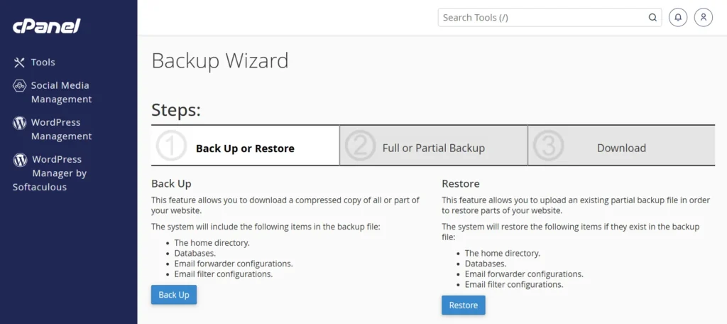 Back Up
This feature allows you to download a compressed copy of all or part of your website.