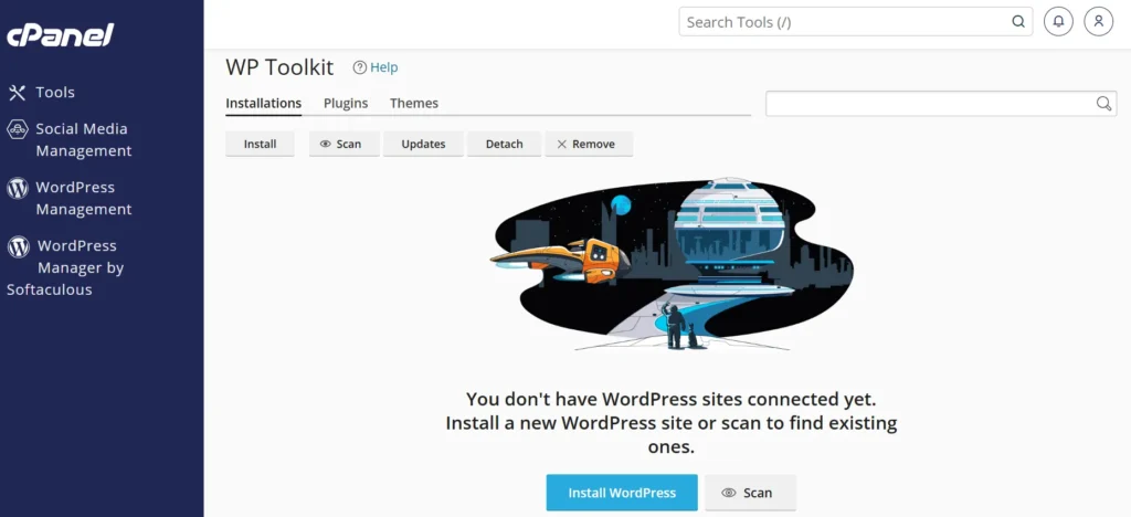 You don't have WordPress sites connected yet. Install a new WordPress site or scan to find existing ones.