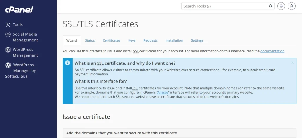 You can use this interface to issue and install SSL certificates for your account.