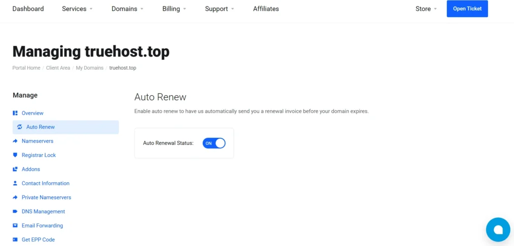 Auto Renew
Enable auto renew to have us automatically send you a renewal invoice before your domain expires.