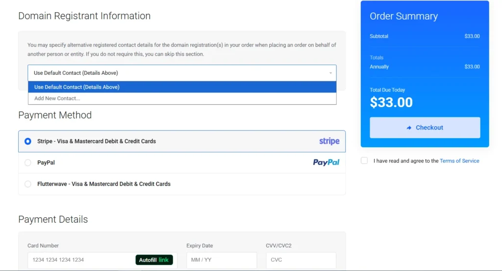 You may specify alternative registered contact details for the domain registration(s) in your order when placing an order on behalf of another person or entity. If you do not require this, you can skip this section.