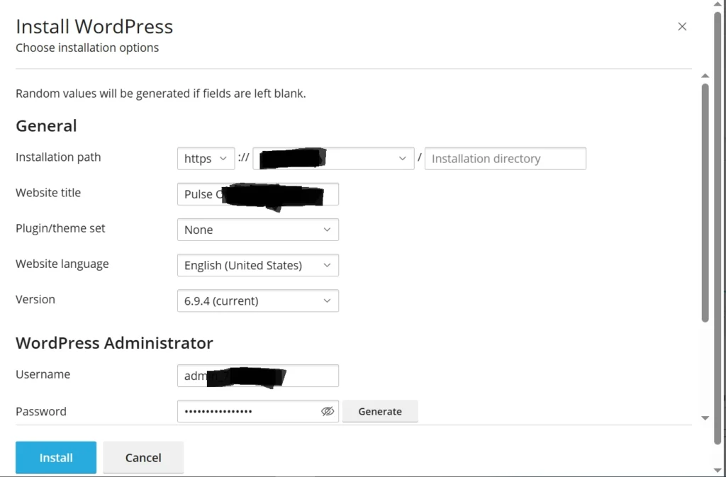 Install WordPress
Choose installation options