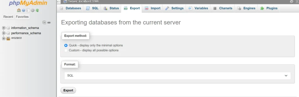 Exporting databases from the current server