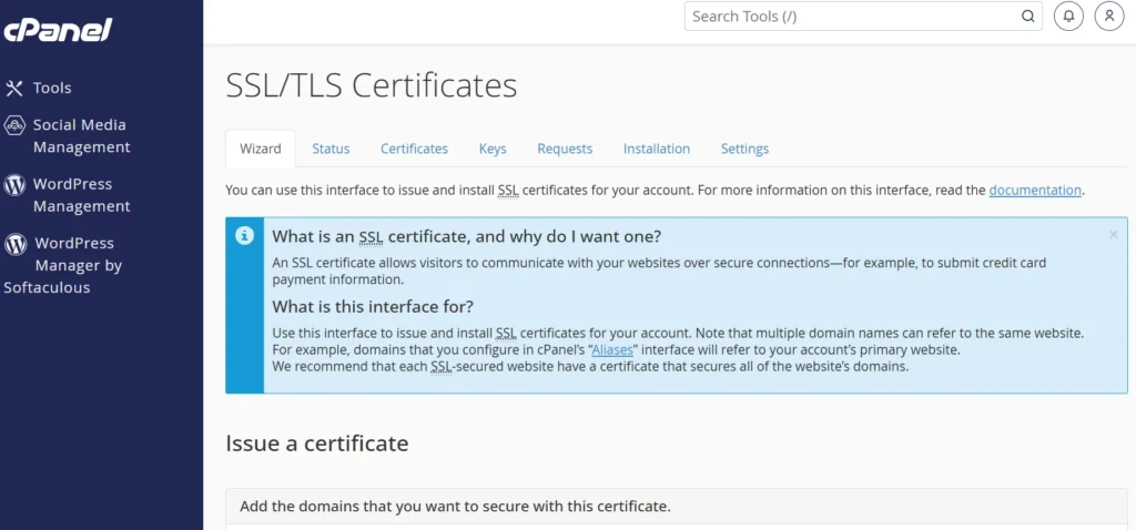 You can use this interface to issue and install SSL certificates for your account. For more information on this interface, read the documentation.