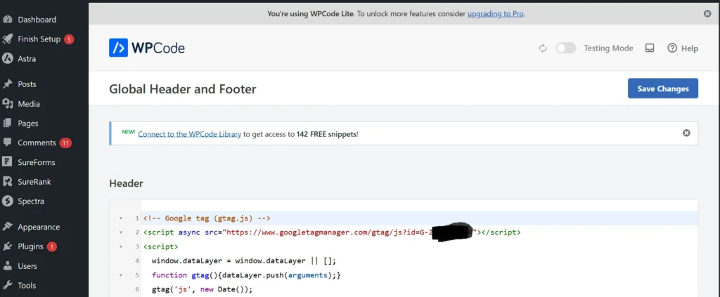 Global Header and Footer gtag
