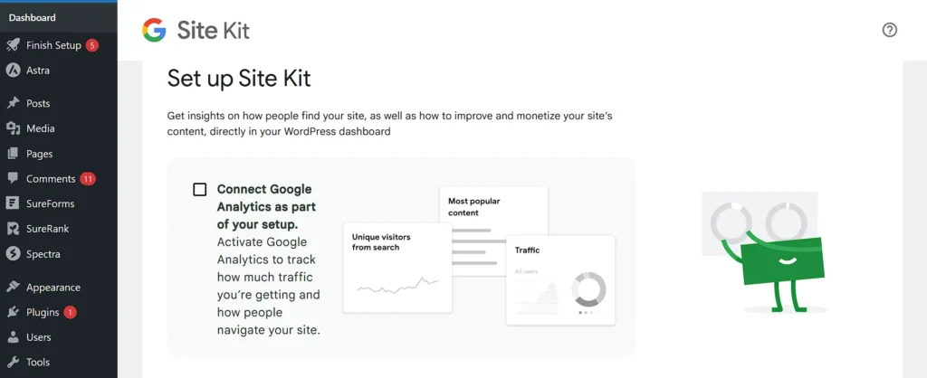 Set up Site Kit
Get insights on how people find your site, as well as how to improve and monetize your site’s content, directly in your WordPress dashboard