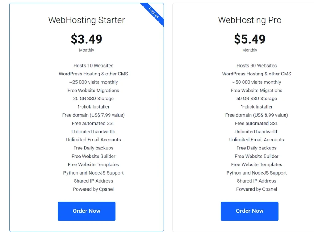 WebHosting Pro, WebHosting Starter