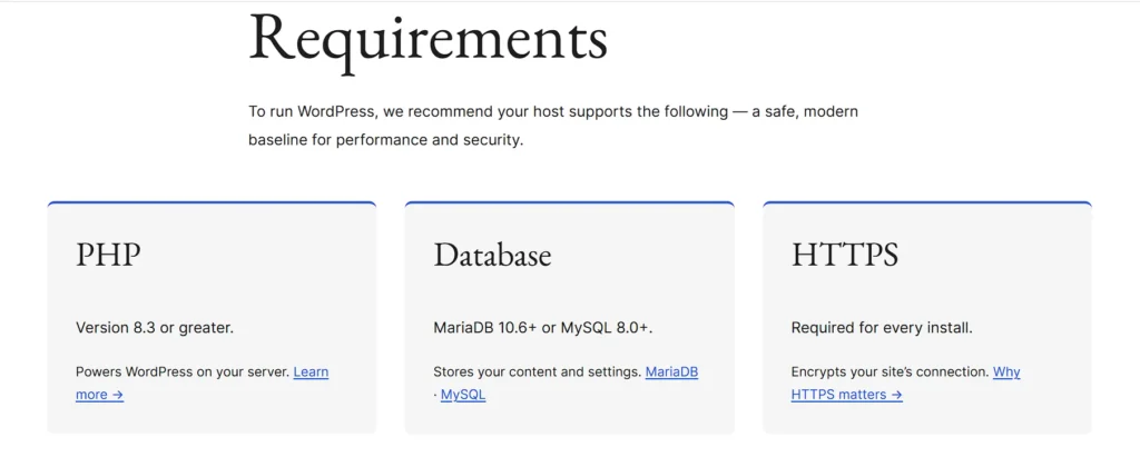 To run WordPress, we recommend your host supports the following — a safe, modern baseline for performance and security.
