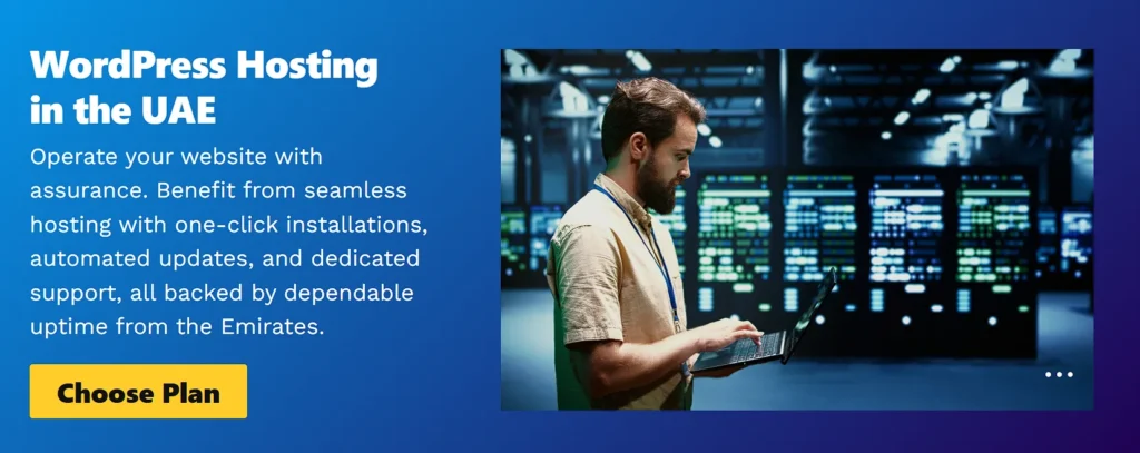 WordPress Hosting in the UAE Operate your website with assurance. Benefit from seamless hosting with one-click installations, automated updates, and dedicated support, all backed by dependable uptime from the Emirates.