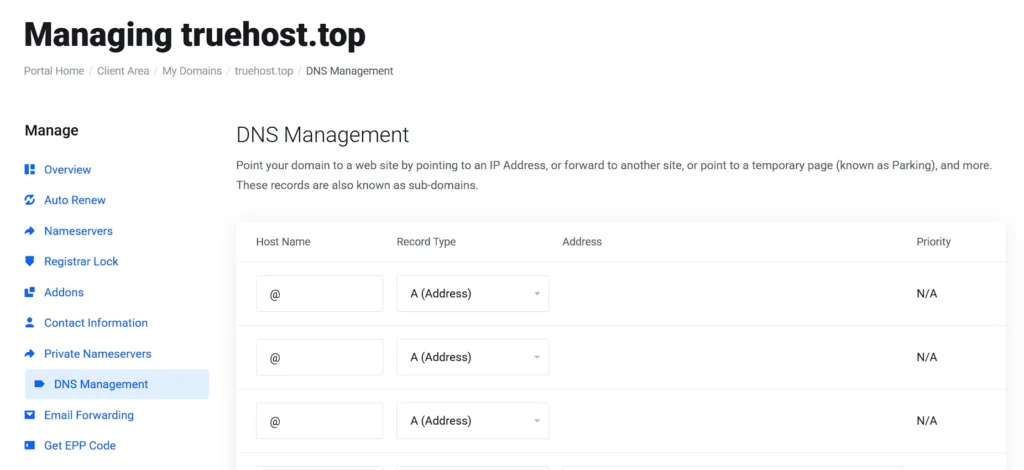 DNS Management
Point your domain to a web site by pointing to an IP Address, or forward to another site, or point to a temporary page (known as Parking)