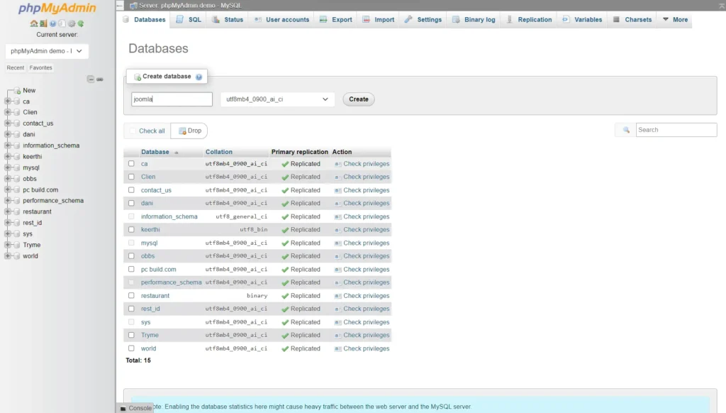 phpmyadmin create mysql database for joomla