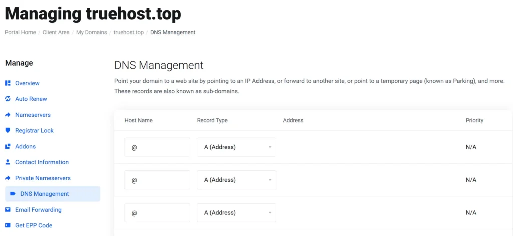 DNS Management
Point your domain to a web site by pointing to an IP Address, or forward to another site, or point to a temporary page (known as Parking), and more. These records are also known as sub-domains.