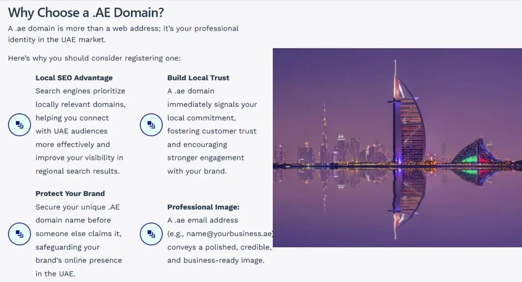 Why Choose a .AE Domain?
A .ae domain is more than a web address; it’s your professional identity in the UAE market.