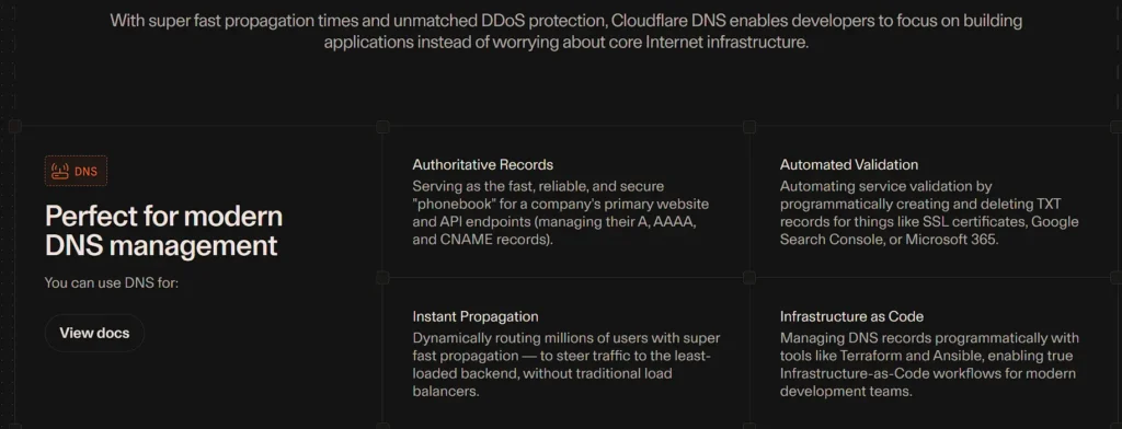 
With super fast propagation times and unmatched DDoS protection, Cloudflare DNS enables developers to focus on building applications instead of worrying about core Internet infrastructure.