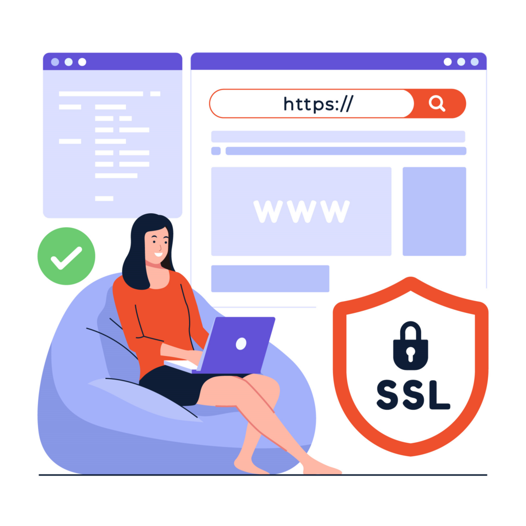 Shows a woman using her laptop smiling since she can easily access a website that does not have any protection. However, Websites that do have SSL have a prtection from hacking hence the shiedled padlock.