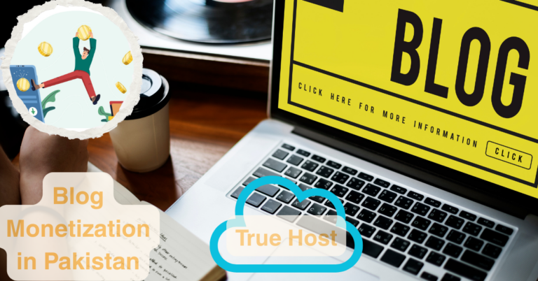 A laptop and the word blog onthe screen and a person celebrating making money from phone and the truehost logo