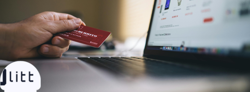 A person holding a credit card in front of a laptop with an e-commerce website on the screen and the Olitt logo at the bottom.