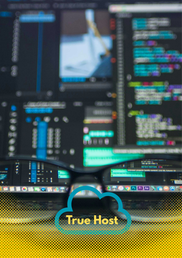 Code running on computer and the Truehost logo in the back ground.