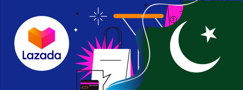 The Lazada logo together with a few shopping bags along the Pakistan flag.