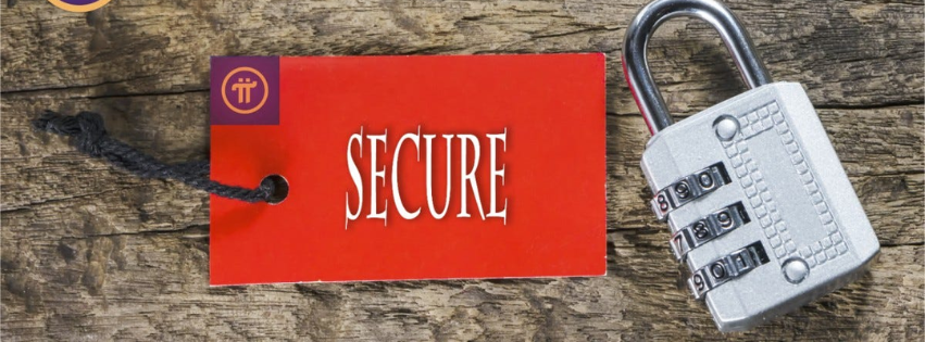 A Pi coind and the word secure and padlock. This symbolizes the security you need to take when handling of selling pi coins.