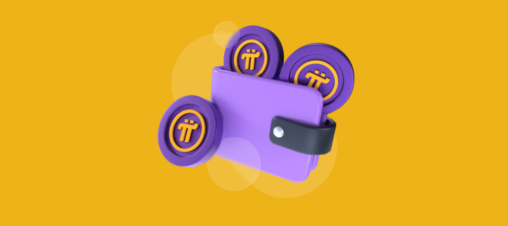 Three pi coins and a wallet representing a pi wallet