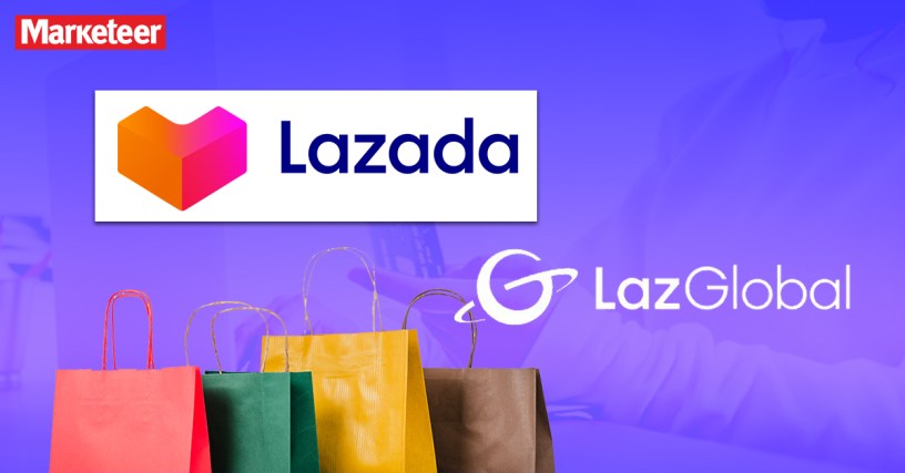The Lazada logo and shopping bags. A subsidiary of Lazada is also in the image, LazGlobal and its logo