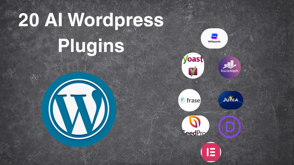 The wordpress logo and a few ai plugins and the title 20 AI wordpress plugiins.