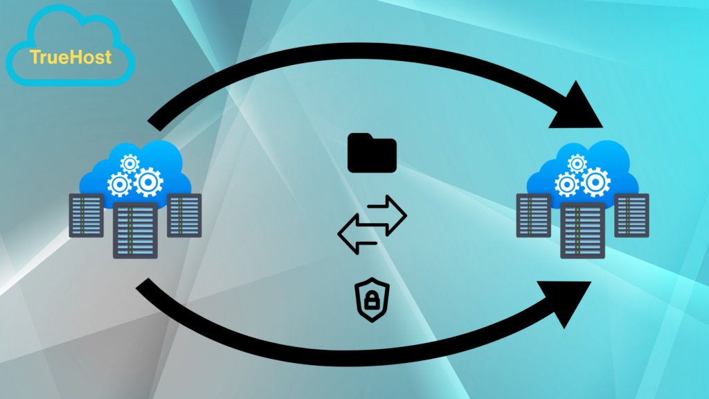 Shows two hosting platforms with one tranfering files to the other and the Truehost logo