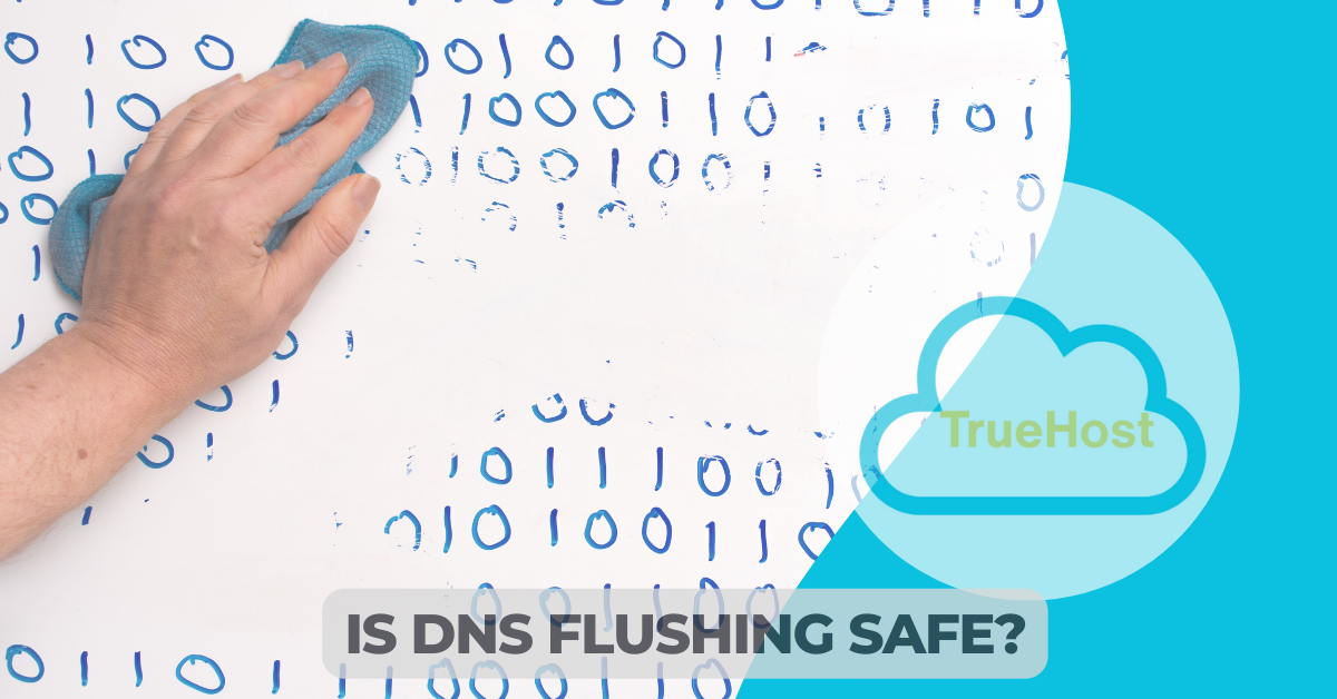 A person rubbing off binary code from a white board and the title, is dns flushing safe?