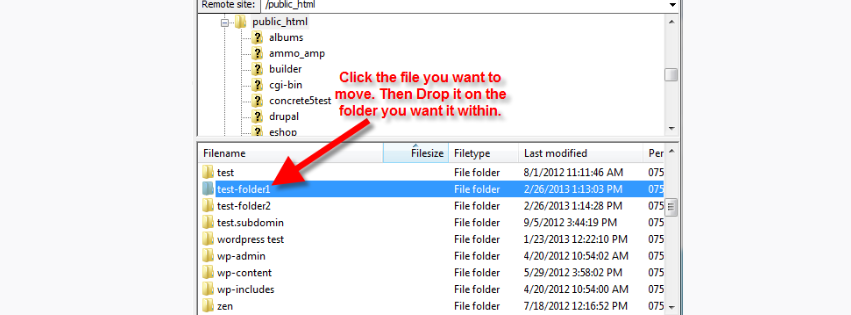 A screenshot of FileZilla showing how to move files to the folder you want. This is done during web hsoting transfer