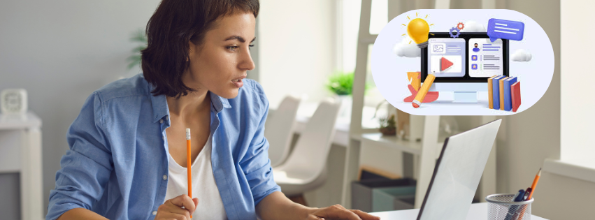 A woman learning online and a online course representation through its materials.