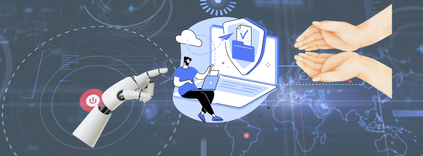 shows a robot hand pointing to a man working on laptop and a cloud and shield and open palm receiving, it represents