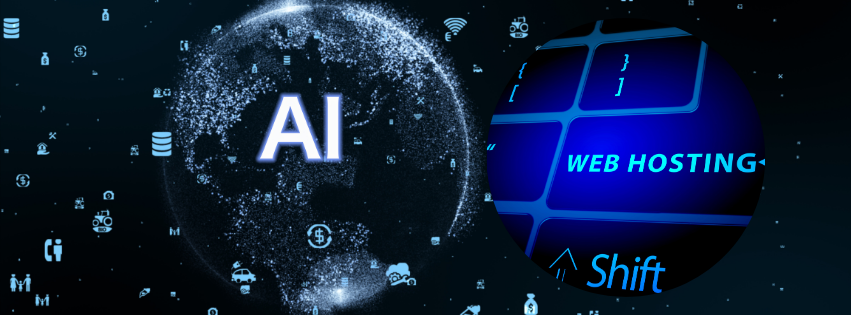 Two graphics showing how ai works globally and the word web hosting on a keyboard, hence represent ai web hosting