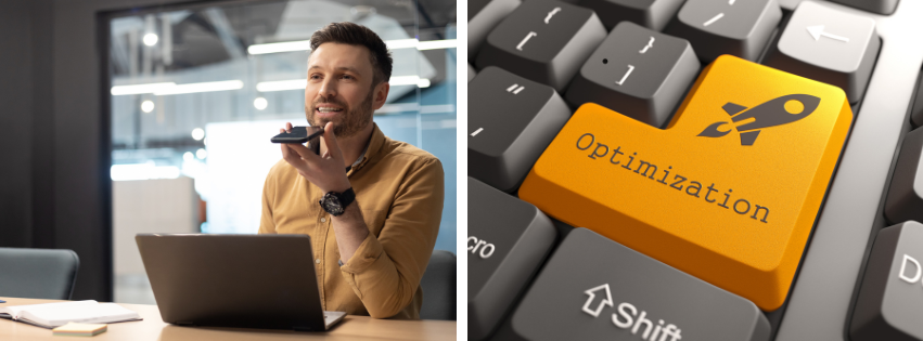 Shows a man on his laptop and doing a voice search on his phone and a keyboard with its enter button written optimization and launched rocket