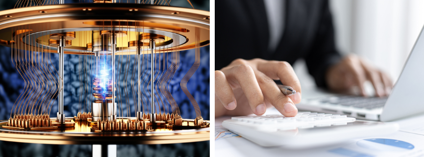 A representation of a quantum computr and a person doing manual computing