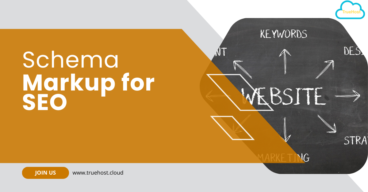 Shows the optimization apects that need to be done on a wbesite including, the truehost logo and link and the title, schema markup for seo