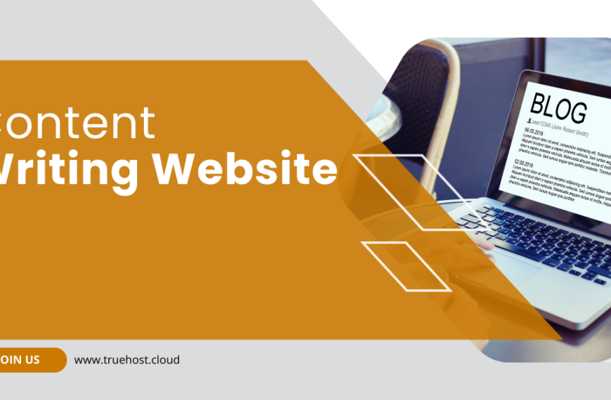 Shows a woman content writing on her laptop