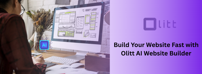 Shows a man building a website using an ai wbesite builder, the olitt logo and the cta for peoplet o build wbesite using olitt's ai builder
