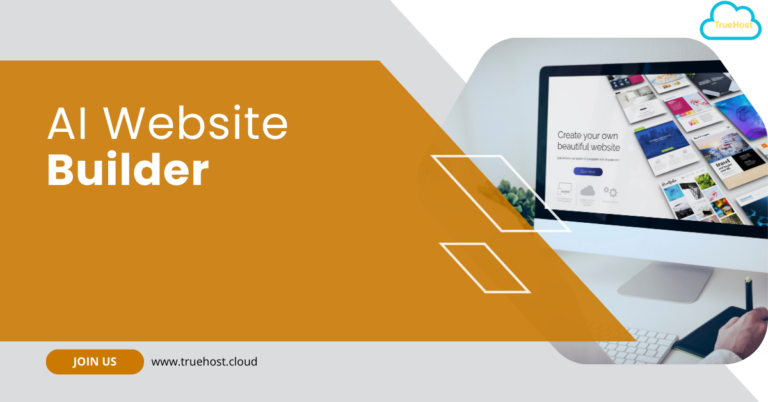 A man creating a website on his desktop computer, the truehost logo at the far right top and the title, ai website builder