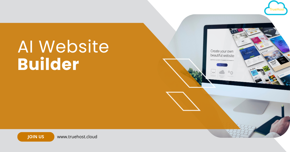 A man creating a website on his desktop computer, the truehost logo at the far right top and the title, ai website builder
