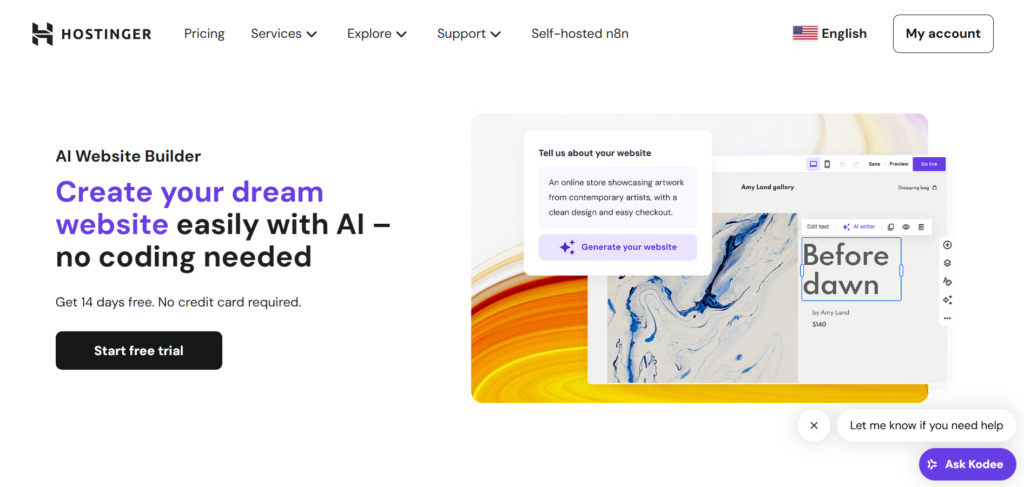 A screenshot of the hostinger ai homepage, a website builder using ai 