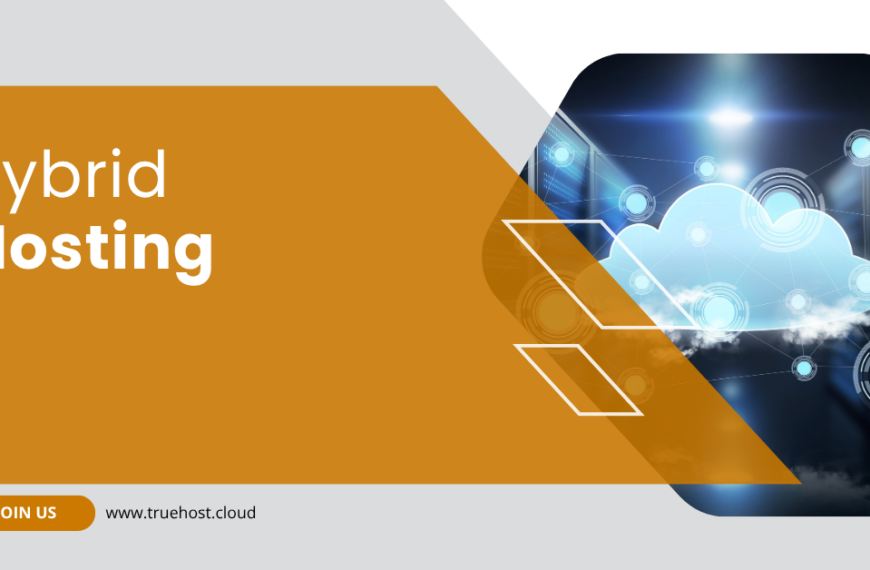 A cloud in a server room and the title hybrid hosting