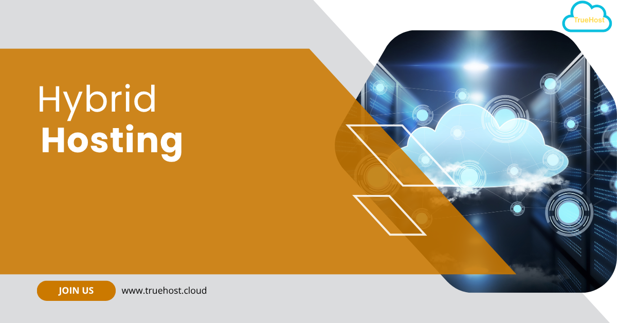 A cloud in a server room and the title hybrid hosting